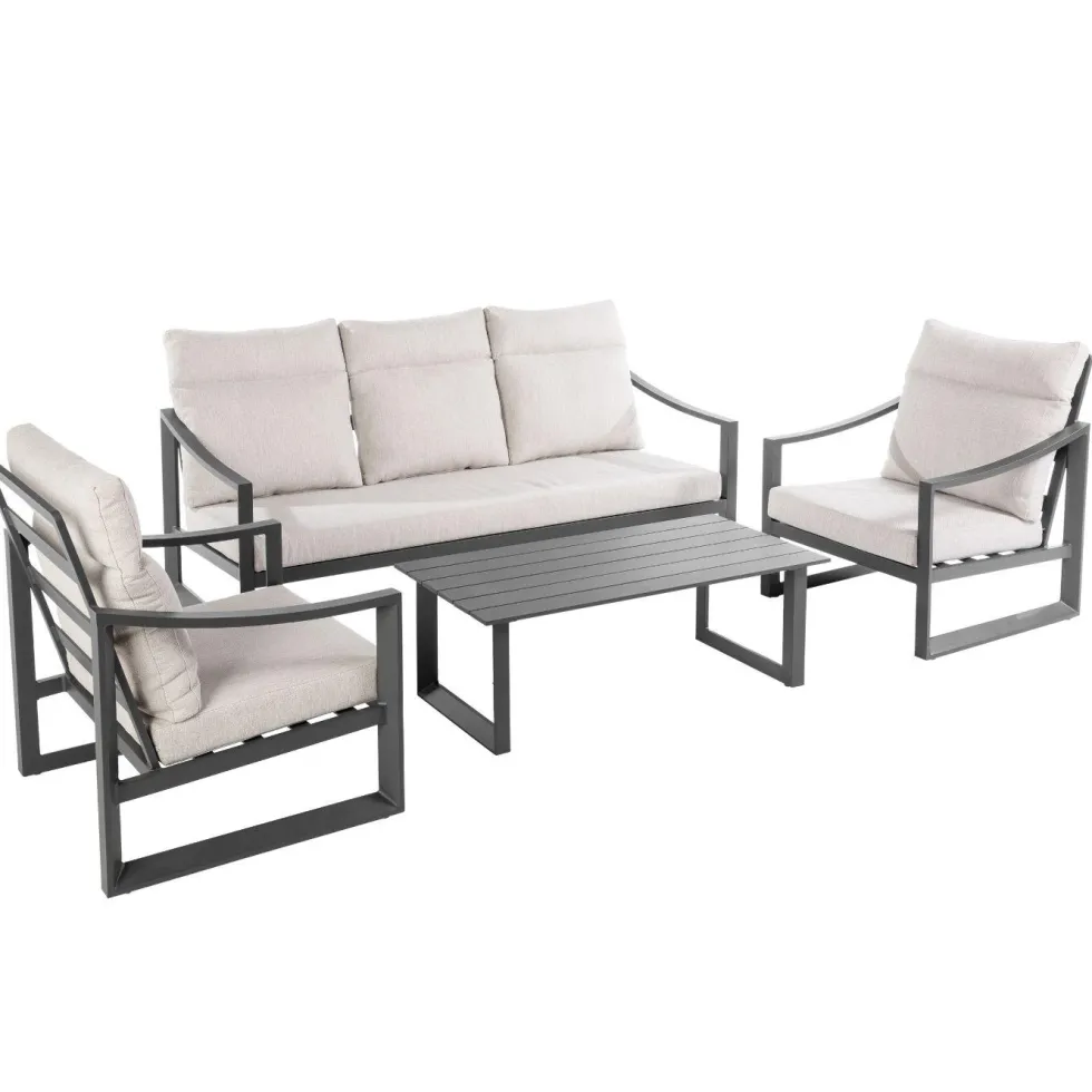 Salon de jardin dossier haut en aluminium coloris anthracite Hoya - 4 éléments (canapé, table basse et deux fauteuils)