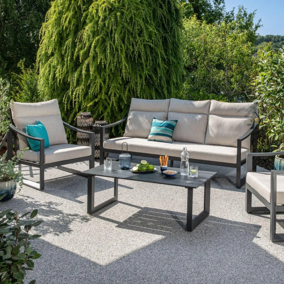 Salon de jardin dossier haut en aluminium coloris anthracite Hoya - 4 éléments (canapé, table basse et deux fauteuils)
