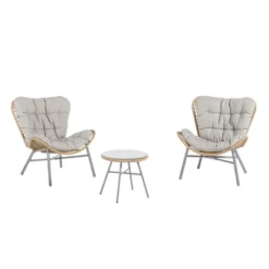 Salon de jardin en acier et résine tressée coloris noir et miel Hosta - 3 éléments (table basse et deux fauteuils)