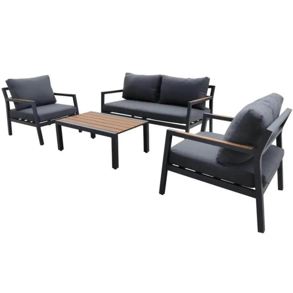 Salon de jardin en aluminium coloris anthracite Games - 4 éléments (canapé, table basse et deux fauteuils)