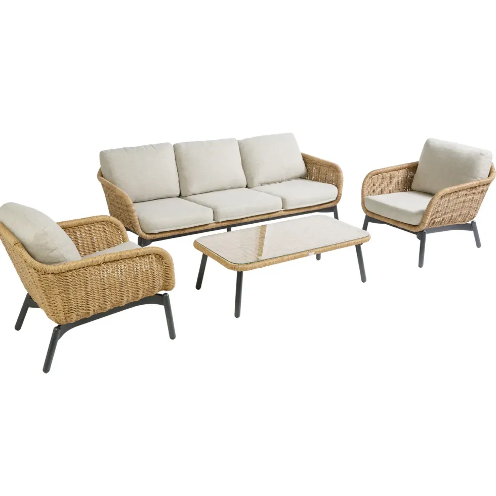 Salon de jardin en aluminium coloris marron Aralia - 4 éléments (canapé, table basse et deux fauteuils)