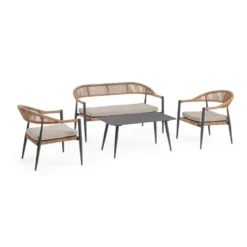 Salon de jardin en aluminium coloris anthracite et corde Jandia - 4 éléments (canapé, table basse et deux fauteuils)