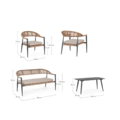 Salon de jardin en aluminium coloris anthracite et corde Jandia - 4 éléments (canapé, table basse et deux fauteuils)
