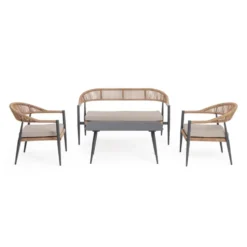 Salon de jardin en aluminium coloris anthracite et corde Jandia - 4 éléments (canapé, table basse et deux fauteuils)