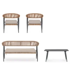 Salon de jardin en aluminium coloris anthracite et corde Jandia - 4 éléments (canapé, table basse et deux fauteuils)