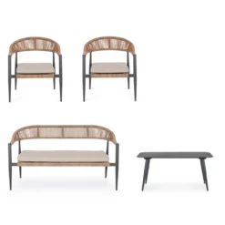Salon de jardin en aluminium coloris anthracite et corde Jandia - 4 éléments (canapé, table basse et deux fauteuils)