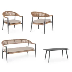Salon de jardin en aluminium coloris anthracite et corde Jandia - 4 éléments (canapé, table basse et deux fauteuils)
