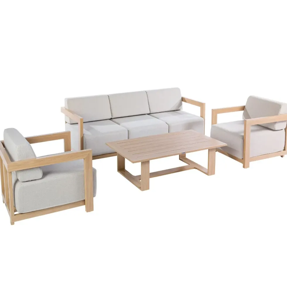 Salon de jardin en aluminium effet bois et coton coloris gris Cannes - 4 éléments (canapé, table basse et deux fauteuils)