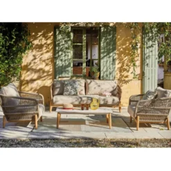 Salon de jardin en aluminium et résine coloris beige Barbara - 4 éléments (canapé, table basse et deux fauteuils)
