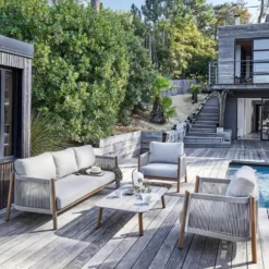 Salon de jardin en aluminium et résine coloris beige Dériveur - 4 éléments (canapé, table basse et deux fauteuils)