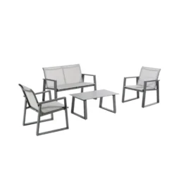Salon de jardin en aluminium graphite et toile textylène gris perle Alysse - 4 éléments (canapé, table basse et deux fauteuils)