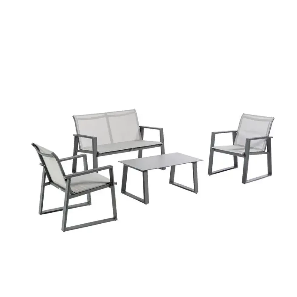 Salon de jardin en aluminium graphite et toile textylène gris perle Alysse - 4 éléments (canapé, table basse et deux fauteuils)