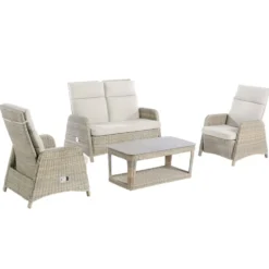 Salon de jardin en résine coloris beige Vérando - 4 éléments (canapé, table basse et deux fauteuils)
