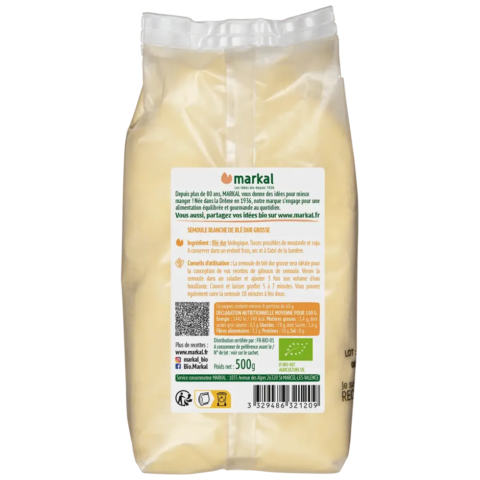 Semoule blanche grosse de blé dur bio – 500 gr