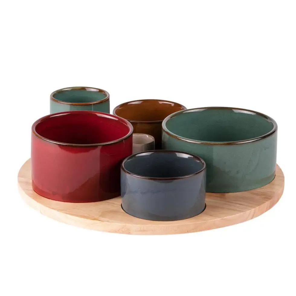 Service apéritif en porcelaine multicolore Elyas - 1 Plateau et 6 coupelles