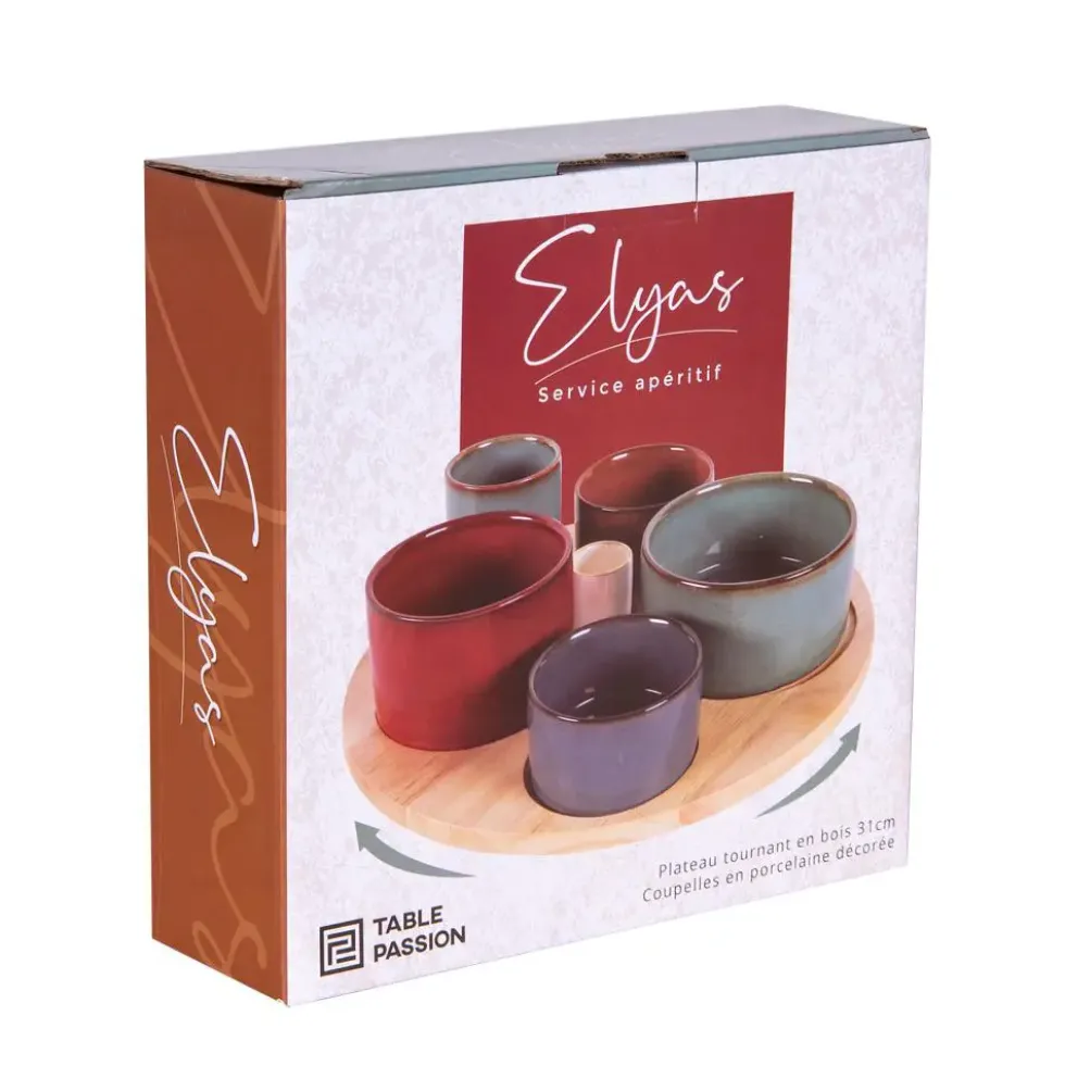 Service apéritif en porcelaine multicolore Elyas - 1 Plateau et 6 coupelles