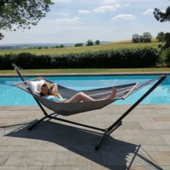 Set support et hamac MetaliK coloris anthracite en métal et polypropylène certifié FSC® Jobek Hamacs - 300 x 100 x 95 cm