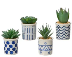 Succulente artificielle verte dans cache-pot en bleu - Ø 5,5 x H 9 cm