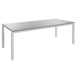 Table en aluminium blanc mat et verre céramique gris clair Adenium - 220 x 100 x 76 cm