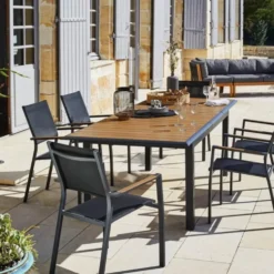 Table extensible en aluminium graphite/chêne, PROLOISIRS louisiane ii - 187/247x100cm