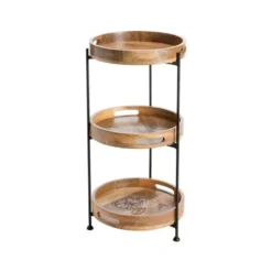 Étagère pliable en métal avec trois plateaux amovibles en manguier naturel - Ø 38 x H 72 cm