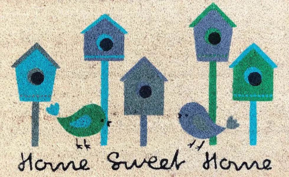 Tapi brosse coco beige imprimé maisons à oiseaux bleu Sweetsol - 75 x 45 cm