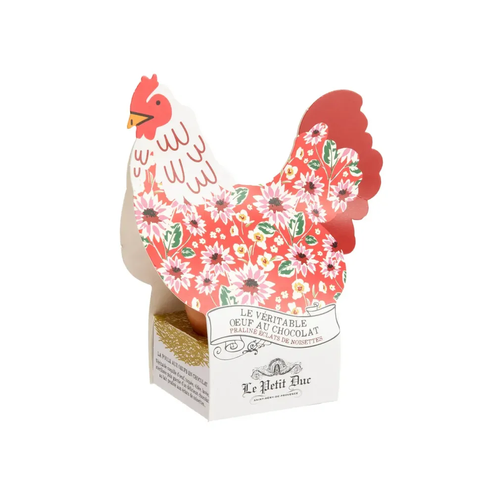 Véritable œuf coquille au chocolat praliné avec éclats de noisettes dans étui forme poule Le Petit Duc - 50 g